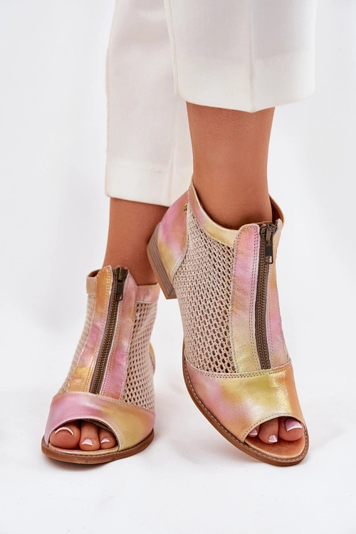 Skórzane Botki Damskie Na Płaskim Obcasie Z Odkrytymi Palcami Maciejka 06413-15 Różowo-Pomarańczowe