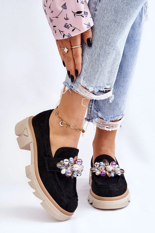 Damskie Półbuty Mokasyny Z Ozdobami Czarne Issac