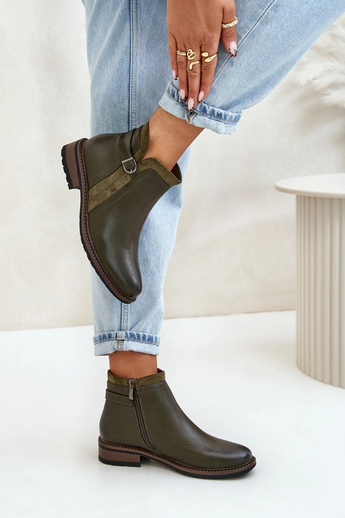 Ocieplane Botki Damskie Z Niską Cholewką Na Zamek Eko Skórzane Ciemnozielone Taitha