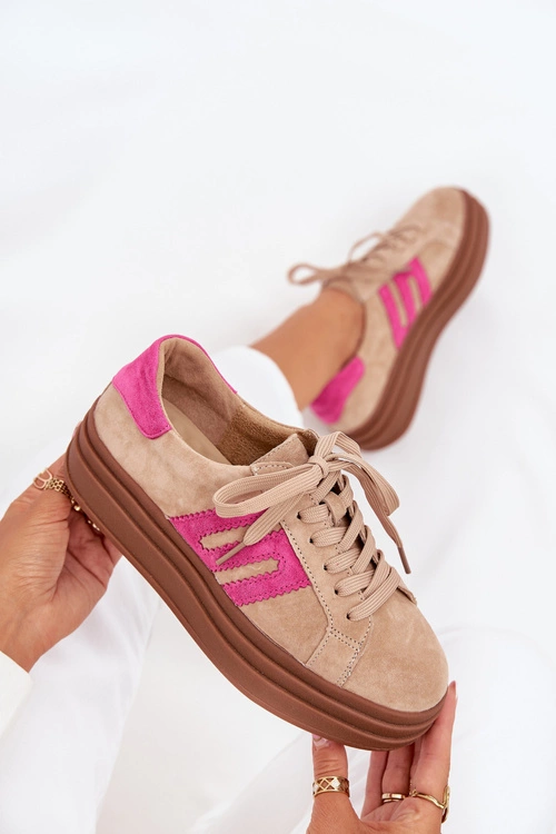 Sneakersy Damskie Na Platformie Z Naturalnego Zamszu Beżowo-Różowe Eldira