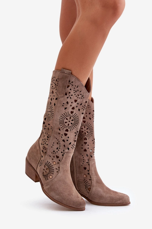 Zazoo 3396 Zamszowe Ażurowe Kozaki Do Połowy Łydki Ciemnobeżowe