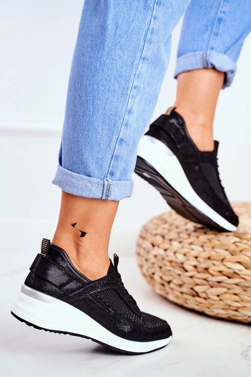 Obuwie Sportowe Damskie Skórzane Czarne Love Me