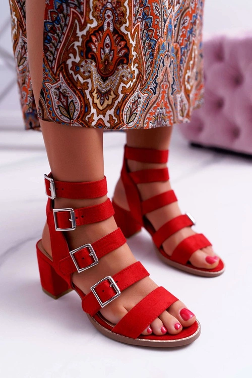 Sandały Damskie Na Słupku Gladiatorki Zamsz Czerwone Nella