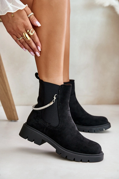 Ocieplane Botki Sztyblety Na Zamek Z Ozdobnym Paskiem Czarne Labenne