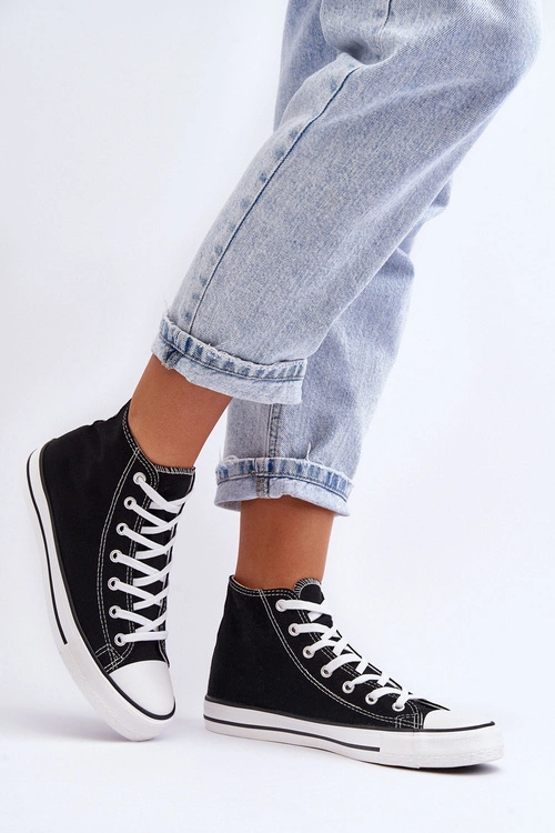 Damskie Trampki Klasyczne Wysokie Czarno-Białe Remos