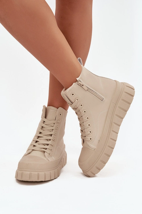 Ocieplane Trampki Damskie Na Platformie Z Eko Skóry Big Star SS274535 Beżowe