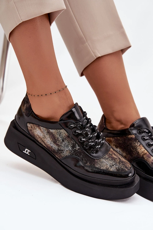 Skórzane Sznurowane Półbuty Damskie Na Platformie Artiker 57C2042 Czarno-Złote