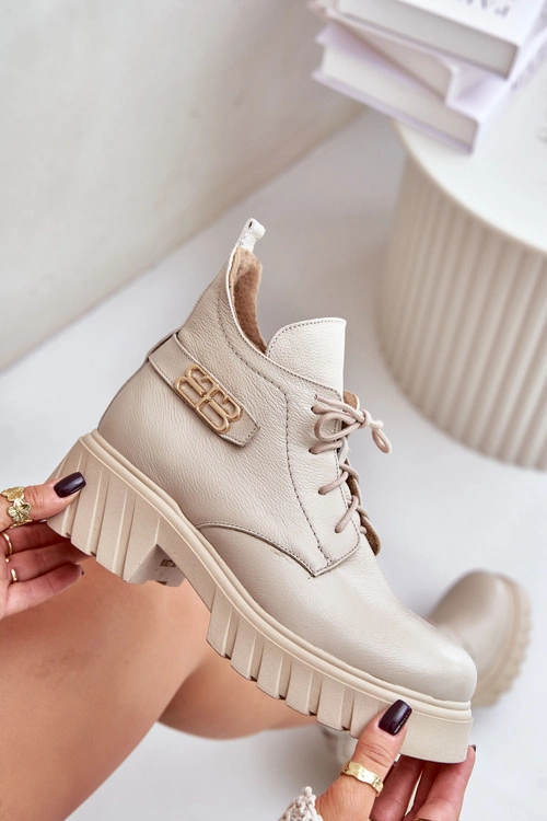 Zazoo 60483 Damskie Skórzane Botki Z Niską Cholewką Ocieplane Beżowe