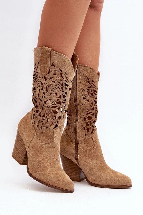 Zazoo 3414 Damskie Ażurowe Botki Na Słupku Zamszowe Beżowe