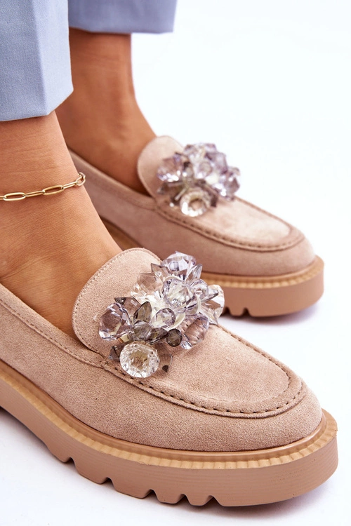 Modne Zamszowe Mokasyny Z Kryształkami Beżowe Demeris