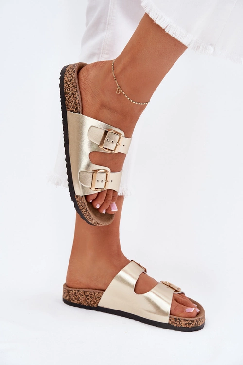 Klapki Damskie Z Klamrami Z Eko Skóry Złote Iskira