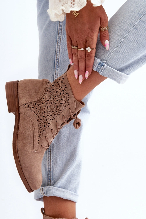 S.Barski HY66-136 Damskie Botki Ze Wzorem Beżowe