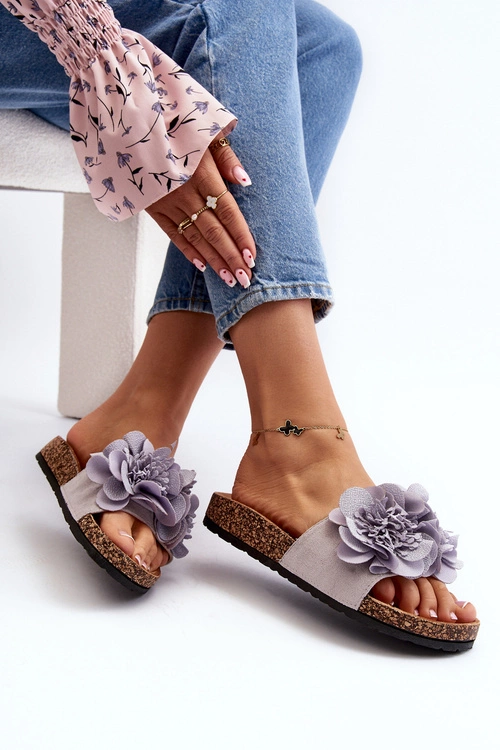 Damskie Klapki Z Kwiatami Szare Lulania