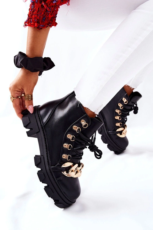 Damskie Ciepłe Trapery Botki z Łańcuchem Czarne Labri