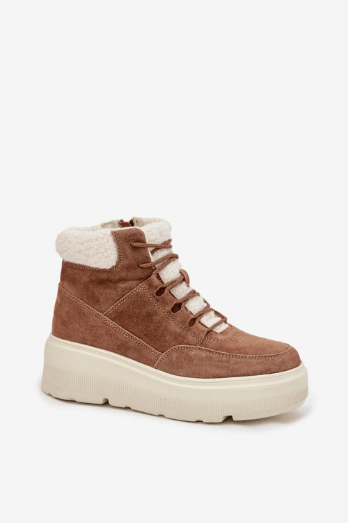 Zamszowe Śniegowce Damskie Z Kożuszkiem Na Platformie Vinceza 95354 Camel