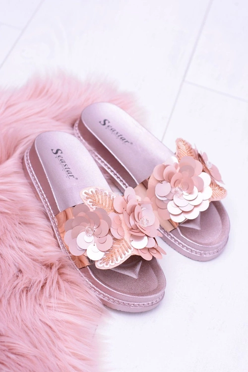 Damskie Klapki z Kwiatowym Wzorem Różowe Złoto Muah