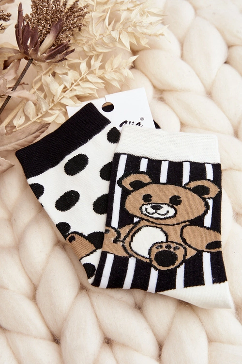 Skarpety Damskie Nie Do Pary Z Misiem Biało-Czarne - Wzór 2