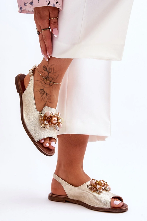 Zamszowe Płaskie Sandały Nicole 2805/064 Złote