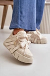 Sneakersy Skórzane Damskie Na Platformie Beżowe CheBello 4568 