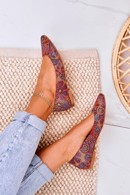 Damskie Skórzane Baleriny Maciejka Czerwone W Kwiaty 04100-38