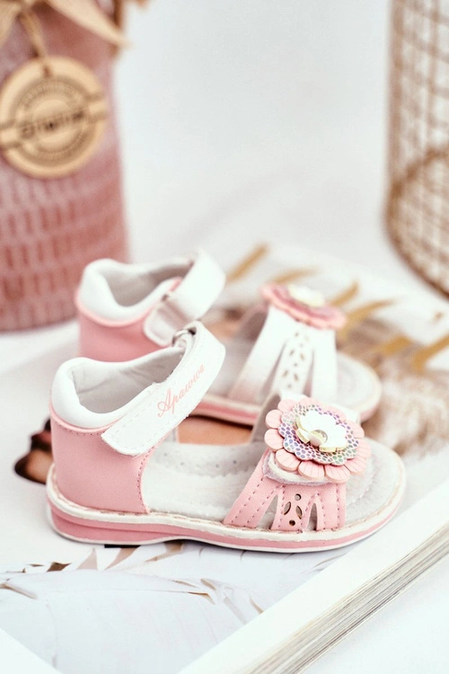 Sandały Dziecięce na Rzepy Kwiatuszek Różowe Mino