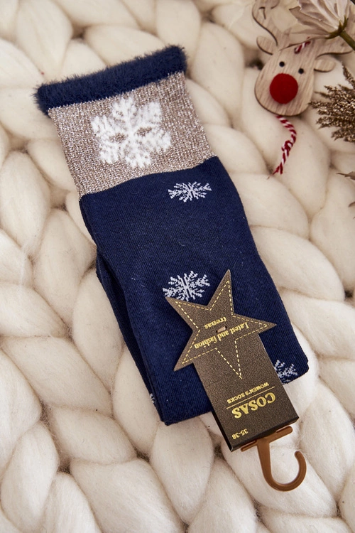 Damskie Skarpetki Długie Ze Śnieżkami Granatowe