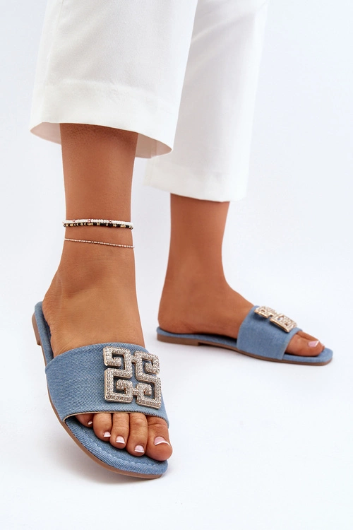 Klapki Damskie Jeansowe Na Płaskim Obcasie Z Ozdobą Niebieskie Inaile