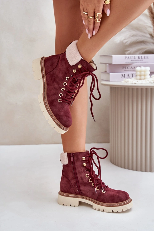 Ocieplane Trapery Botki Damskie Na Zamek Bordowe Ferelia