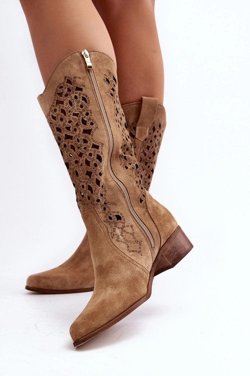 Zazoo 3403 Ażurowe Kozaki Damskie Na Niskim Obcasie Beżowe