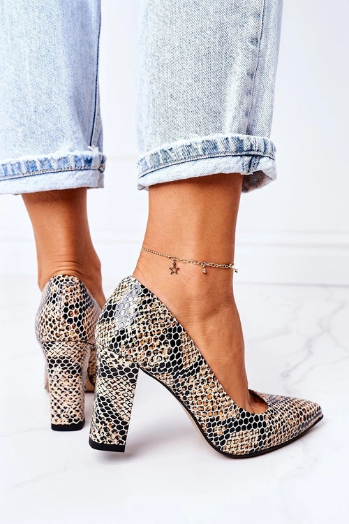 Skórzane Czółenka Ze Zwierzęcym Wzorem Lewski Shoes 2453 Czarno-Beżowe