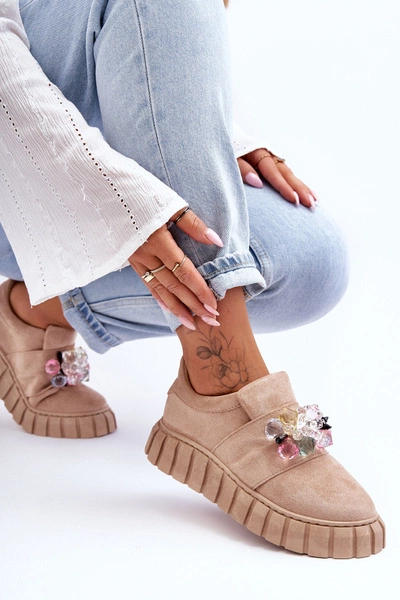 Modne Wsuwane Buty Sportowe Półbuty Z Ozdobą Ciemnobeżowe Desire