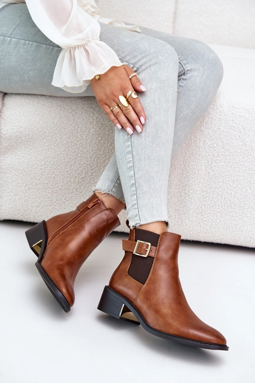 Botki Sztyblety Damskie Na Niskim Obcasie Ze Złotą Klamrą Camel Vomera