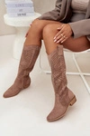 Ażurowe Kozaki Damskie Na Klocku Przed Kolano Beżowe Fioris 