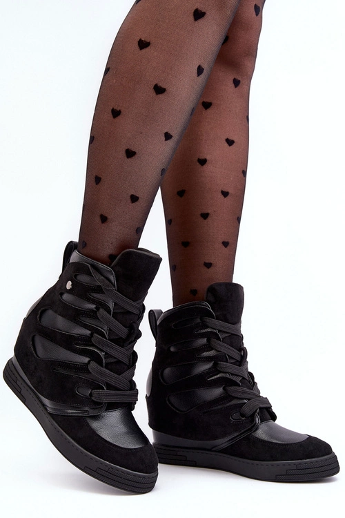 Skórzane Botki Na Koturnie Sznurowane Czarne Amria