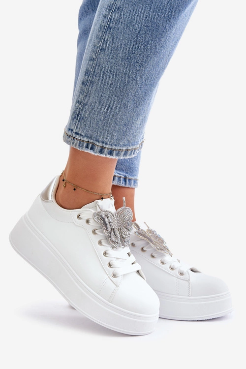 Sneakersy Damskie Na Platformie Z Motylem Biało-Srebrne Naritevia