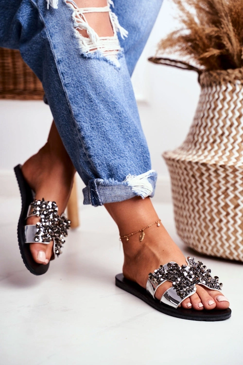 Damskie Srebrne Klapki Z Cyrkoniami Swallow