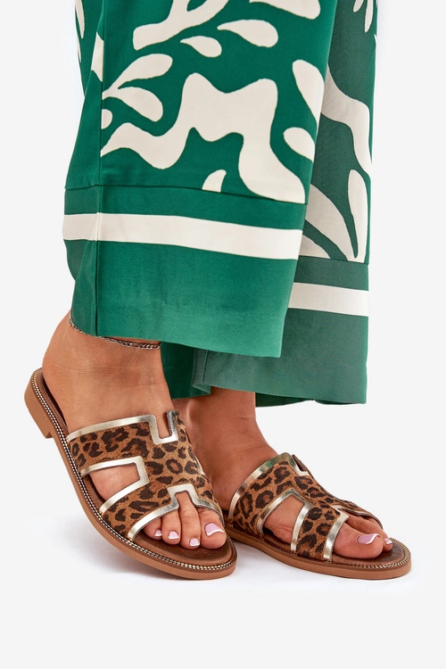 Skórzane Płaskie Klapki W Panterkę Zazoo 40383 Brązowe