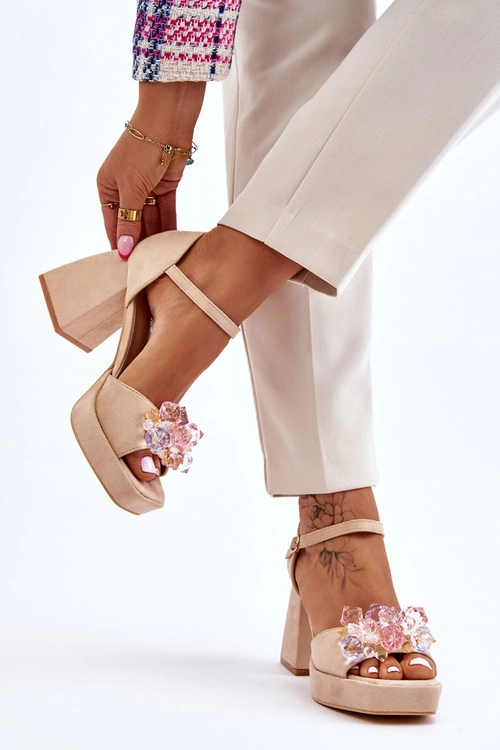 Modne Sandały Z Kryształami Na Masywnym Obcasie Beżowe Garrett