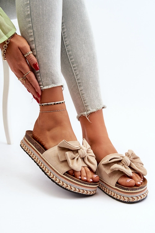 Klapki Damskie Na Platformie Z Kokardą Beżowe Evatria