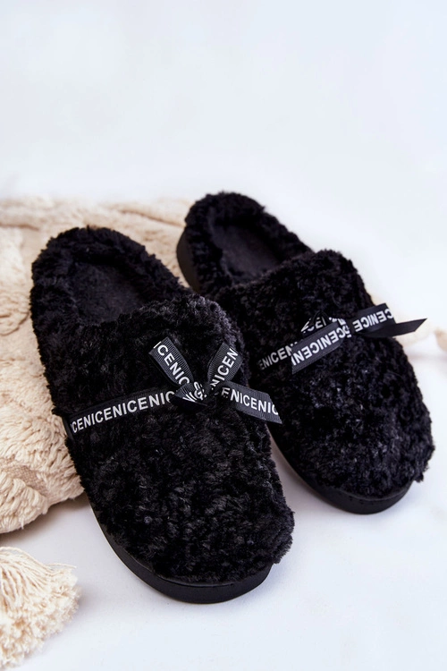 Damskie Futrzane Papcie Z Kokardką Czarne Ryana