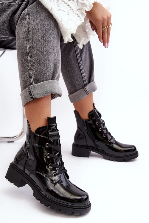 Lakierowane Botki Damskie Na Suwak S.Barski HY93-91 Czarne