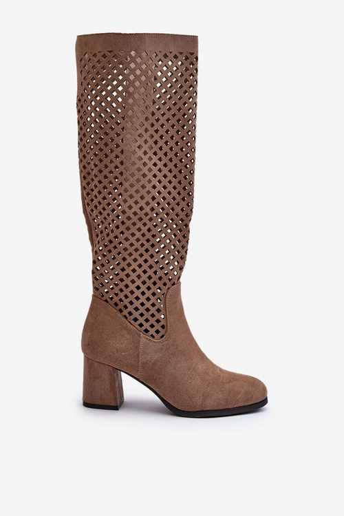 Ażurowe Kozaki Na Obcasie Zamszowe Beżowe Jolenna