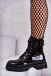 Damskie Lakierowane Botki Workery Sznurowane Czarne Conny