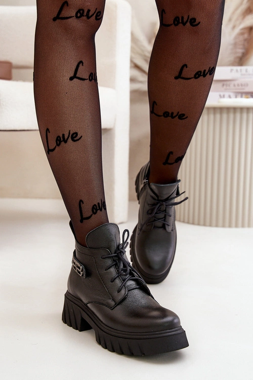 Zazoo 60483 Damskie Skórzane Botki Z Niską Cholewką Ocieplane Czarne