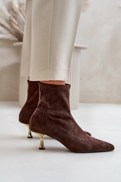 Botki Damskie Na Szpilce Eko Zamszowe Z Noskami W Szpic Brązowe Irithare