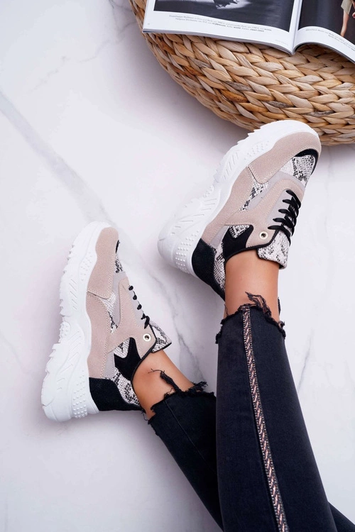 Sportowe Damskie Buty Gruba Podeszwa Beżowe Snake Miltru
