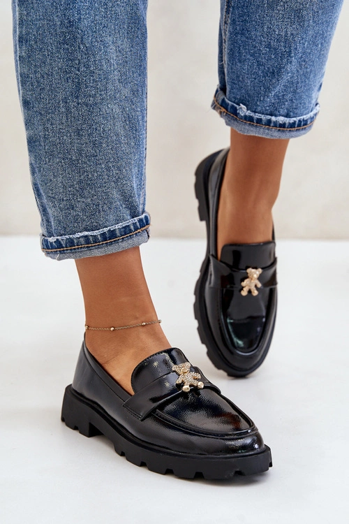Lakierowane Damskie Mokasyny Z Misiem Czarne Kaithra