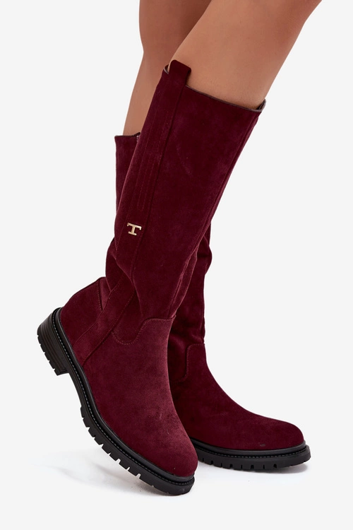 Kozaki Damskie Ocieplane Na płaskim Obcasie Eko Zamszowe Bordowe Delyssa