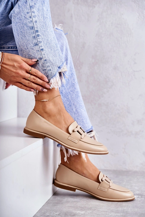 Damskie Skórzane Mokasyny Z Ozdobą Beżowe Kerrie