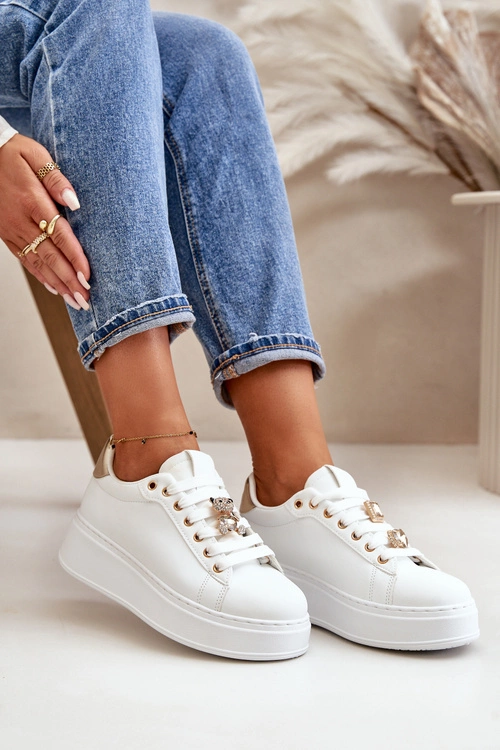 Sneakersy Damskie Na Platformie Z Misiem Białe Vailina